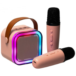 Set karaoke Portabil cu 2 microfoane Wireless si boxa Bluetooth Roz, 6W, Iluminare LED, schimbare voce, baterie Reincarcabila