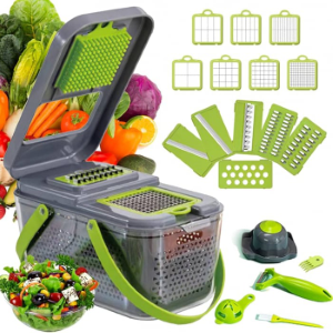 Razatoare multifunctionala 22 piese cu lame inox, 13 tipuri de taiere, caserola integrata si accesorii siguranta-set complet pentru bucatarie