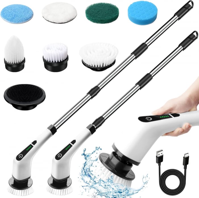 Perie Electrică Rotativă Multifuncțională cu 9 Capete, 2 Viteze și Mâner Extensibil 137 cm Mop si 2 rezerve - imagine 2