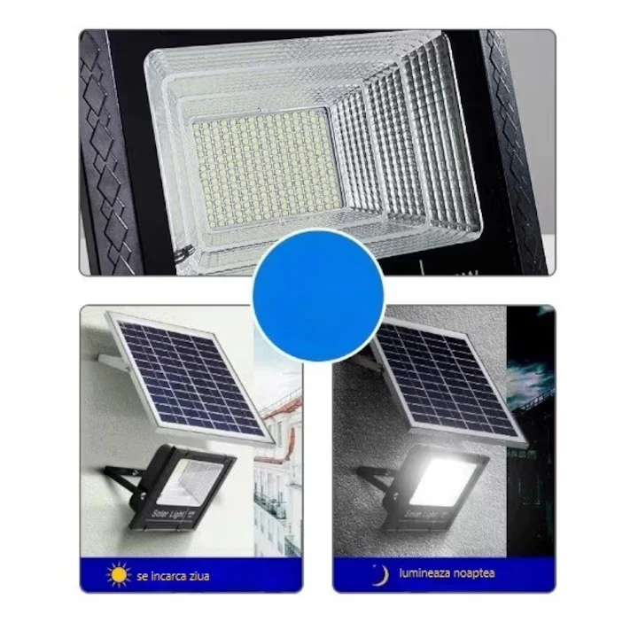 lampa solara de exterior 200W, Proiector cu 54 LED SMD, cu Telecomanda si senzor lumina, panou solar inclus - imagine 2