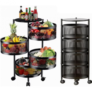 Raft Metalic Rotund Universal 4 Coșuri Perforate, Oțel Carbon, Mobil cu Roți și Design Rotativ