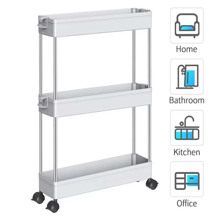 Etajeră mobilă cu roți, 3 rafturi, construcție metal și plastic, design compact cu ventilație - imagine 3