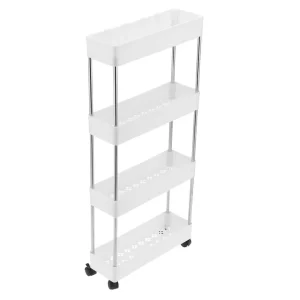 Etajeră mobilă cu roți, 4 rafturi, construcție metal și plastic, design compact cu ventilație, dimensiuni aprox. 40.5×22.5×87 cm, culoare alb