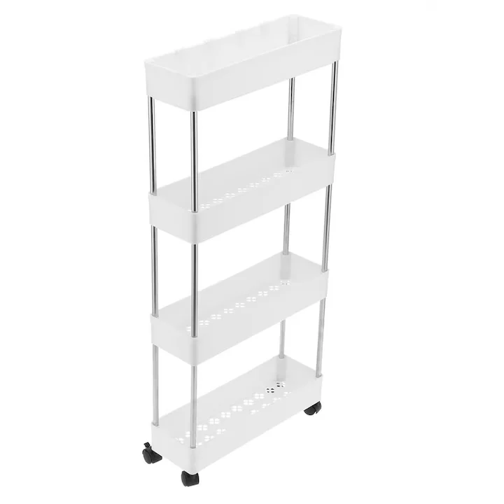 Etajeră mobilă cu roți, 4 rafturi, construcție metal și plastic, design compact cu ventilație, dimensiuni aprox. 40.5×22.5×87 cm, culoare alb