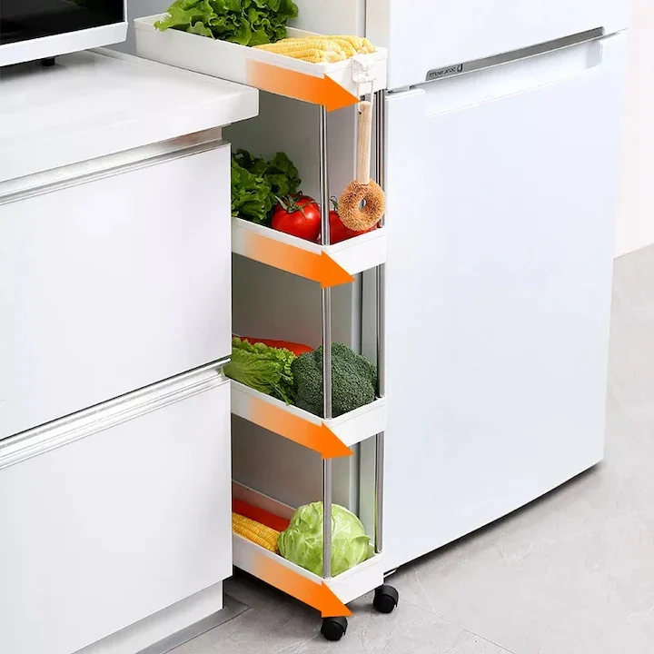 Etajeră mobilă cu roți, 4 rafturi, construcție metal și plastic, design compact cu ventilație, dimensiuni aprox. 40.5×22.5×87 cm, culoare alb - imagine 4