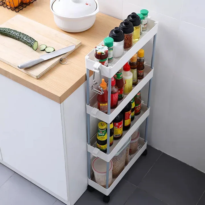 Etajeră mobilă cu roți, 4 rafturi, construcție metal și plastic, design compact cu ventilație, dimensiuni aprox. 40.5×22.5×87 cm, culoare alb - imagine 2