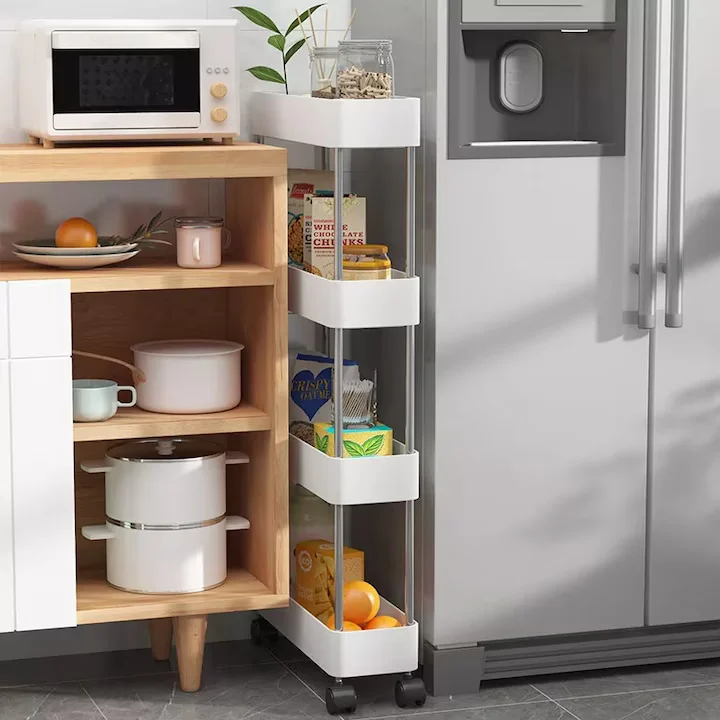 Etajeră mobilă cu roți, 4 rafturi, construcție metal și plastic, design compact cu ventilație, dimensiuni aprox. 40.5×22.5×87 cm, culoare alb - imagine 3