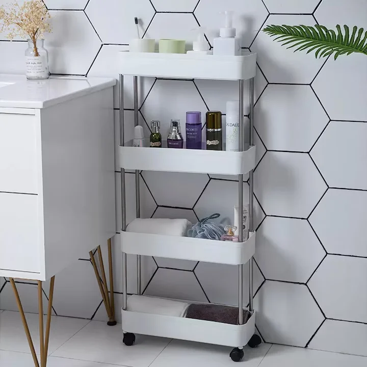 Etajeră mobilă cu roți, 4 rafturi, construcție metal și plastic, design compact cu ventilație, dimensiuni aprox. 40.5×22.5×87 cm, culoare alb - imagine 5