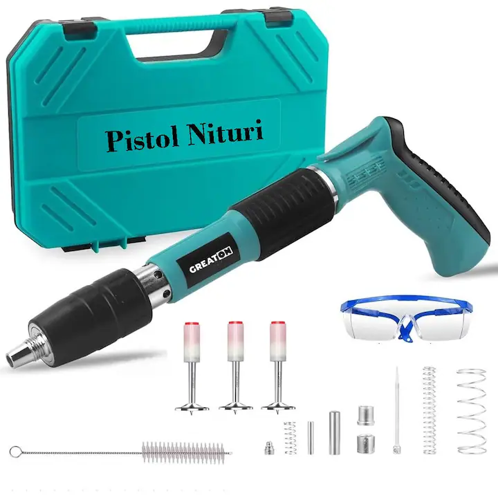 Kit Pistol De Nituri Pentru Fixare Cuie In Perete, Tavan, Podea, Lemn, Pneumatic, Manual, Ochelari P