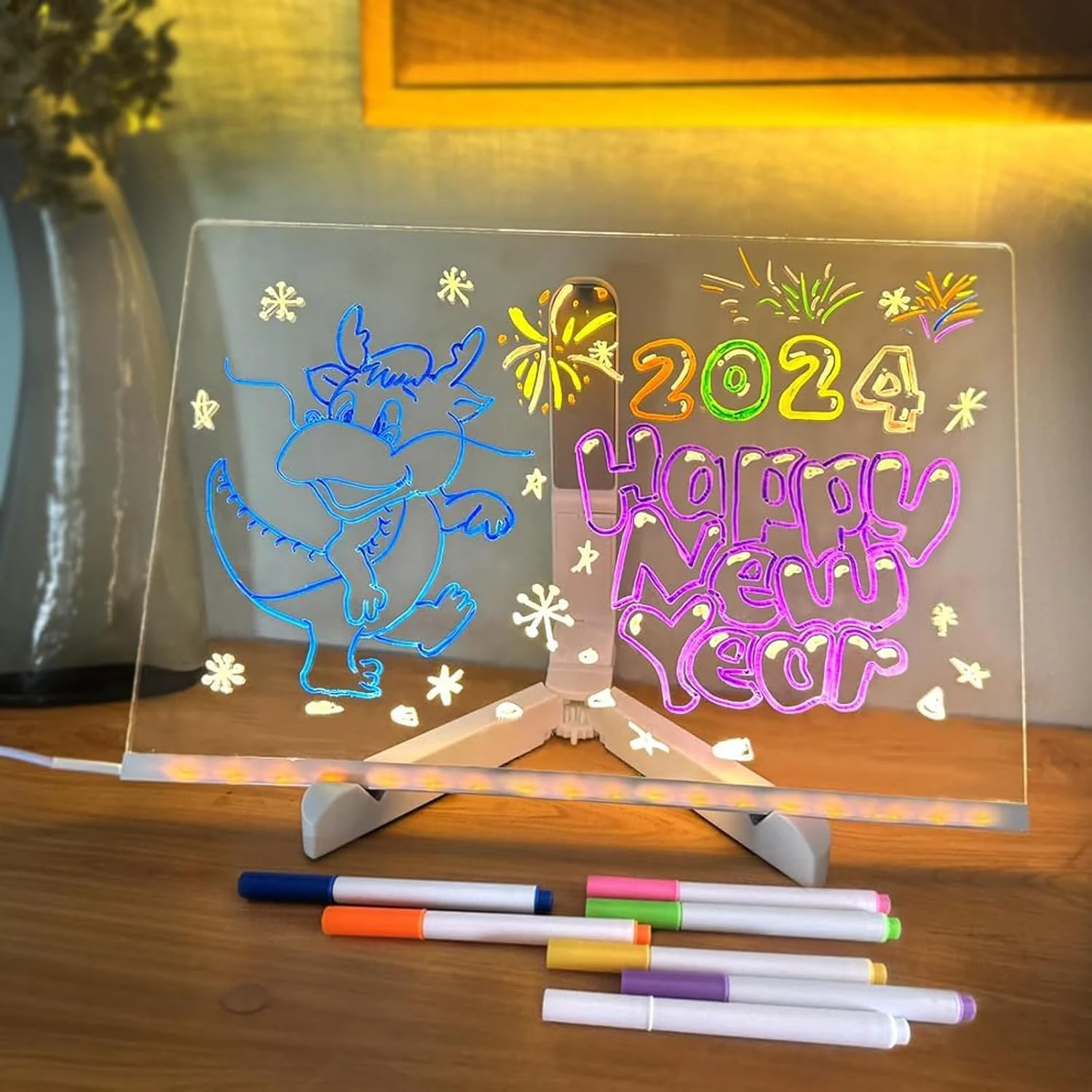 Tablă de notițe LED 30×20 cm, tabletă desen reutilizabilă cu 7 pixuri colorate, suport inclus, pentr - imagine 5