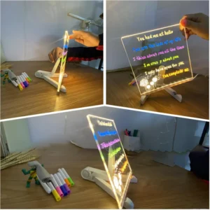 Tablă de notițe LED 30×20 cm, tabletă desen reutilizabilă cu 7 pixuri colorate, suport inclus, pentr