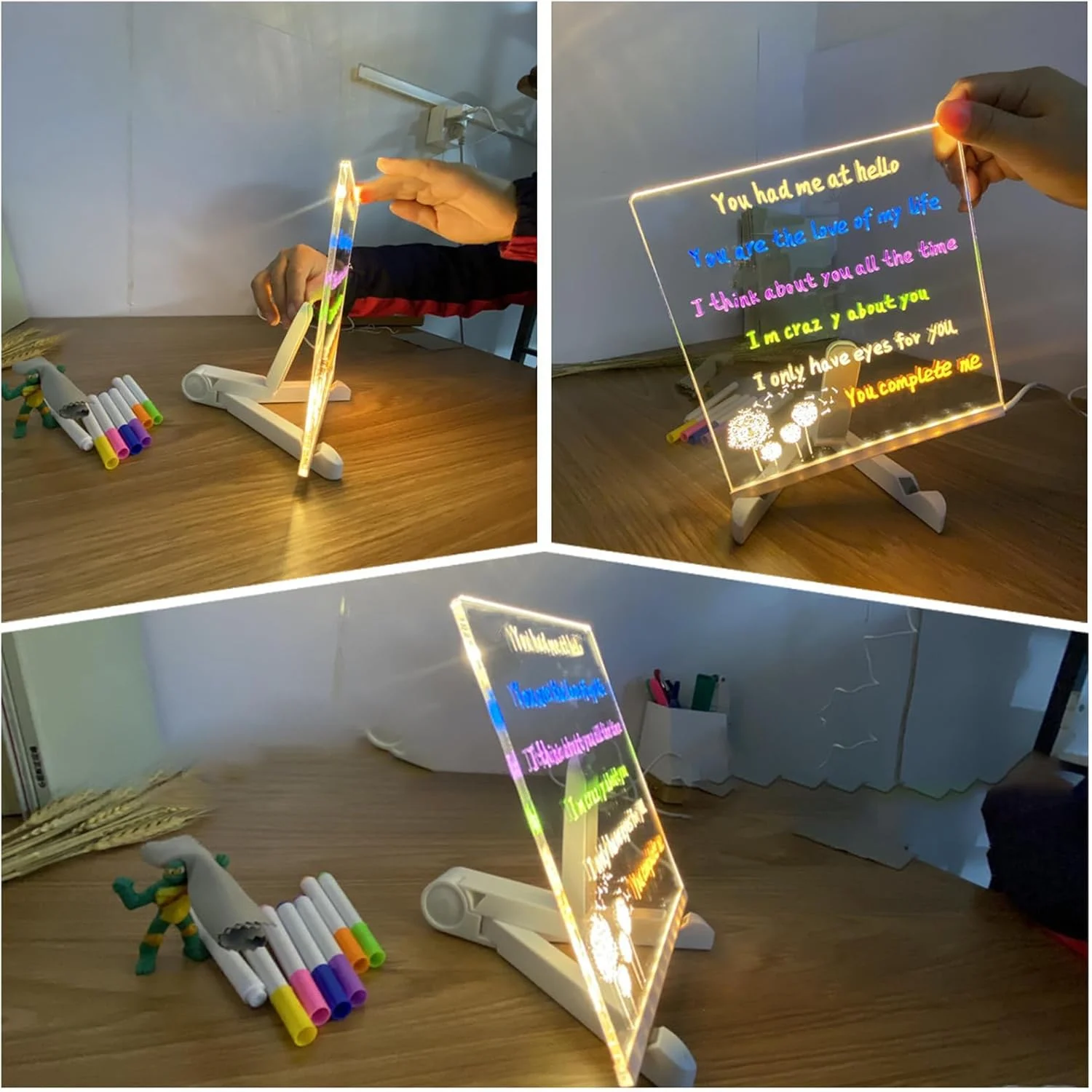 Tablă de notițe LED 30×20 cm, tabletă desen reutilizabilă cu 7 pixuri colorate, suport inclus, pentr