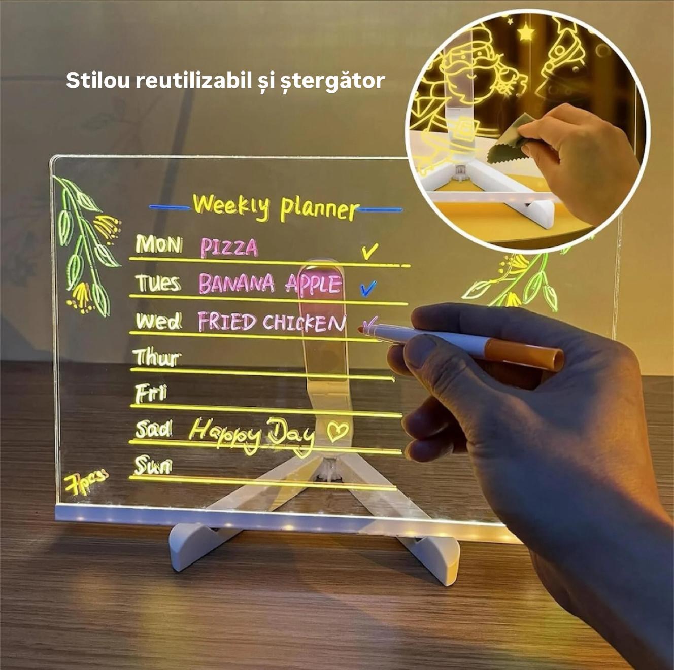 Tablă de notițe LED 30×20 cm, tabletă desen reutilizabilă cu 7 pixuri colorate, suport inclus, pentr - imagine 3