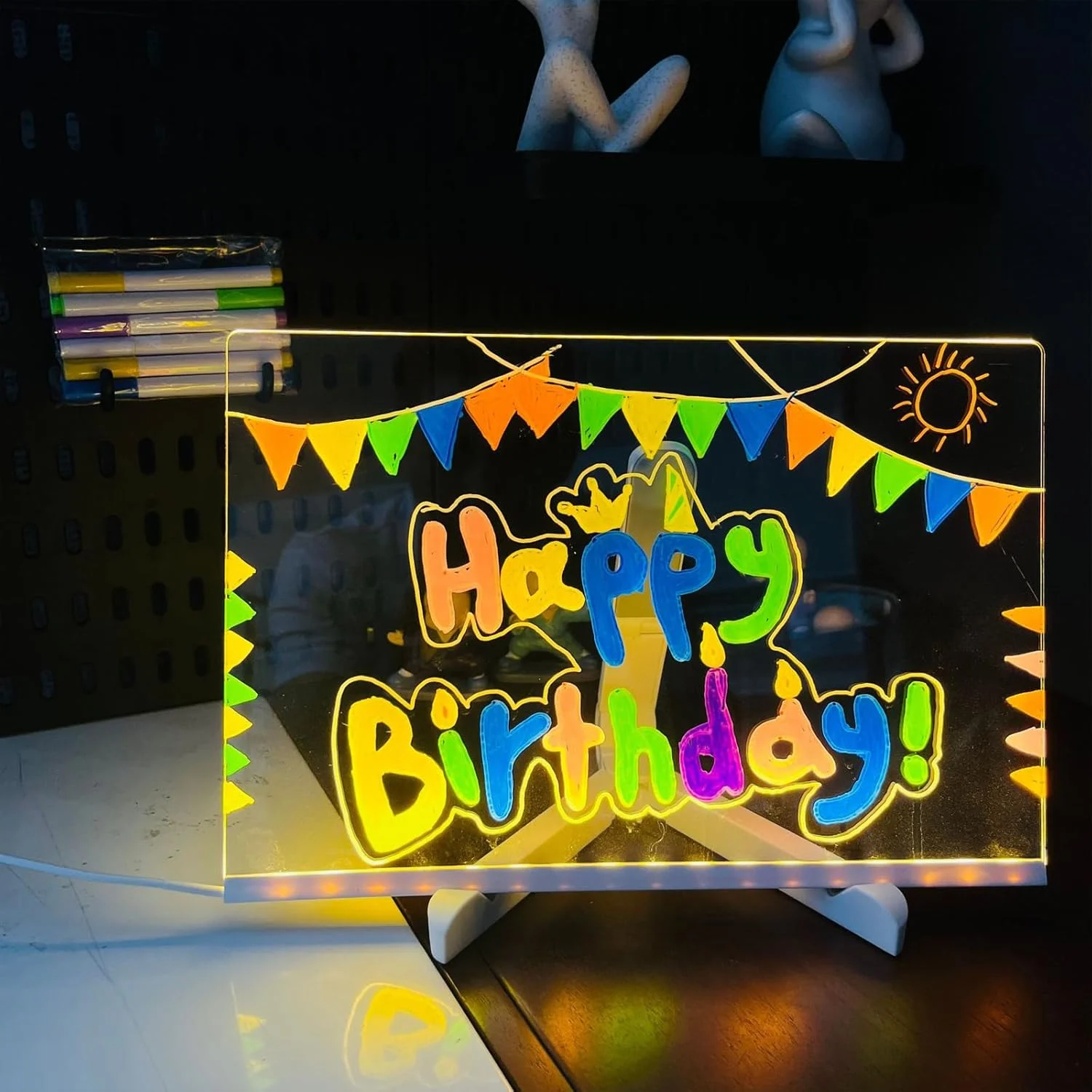 Tablă de notițe LED 30×20 cm, tabletă desen reutilizabilă cu 7 pixuri colorate, suport inclus, pentr - imagine 6
