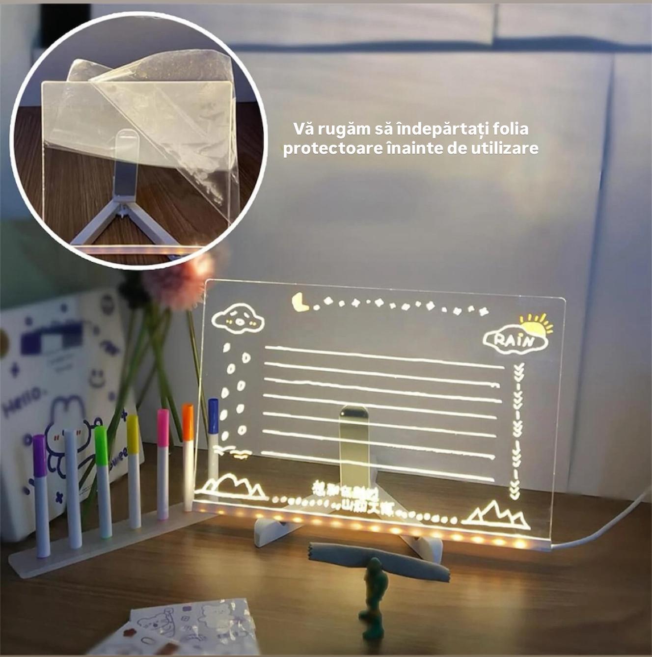 Tablă de notițe LED 30×20 cm, tabletă desen reutilizabilă cu 7 pixuri colorate, suport inclus, pentr - imagine 2