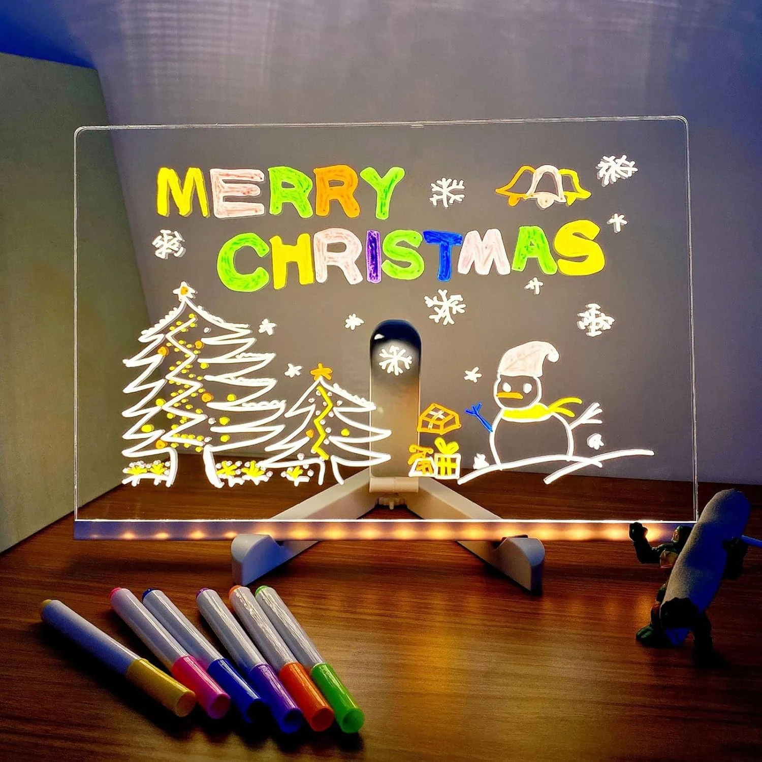 Tablă de notițe LED 30×20 cm, tabletă desen reutilizabilă cu 7 pixuri colorate, suport inclus, pentr - imagine 7