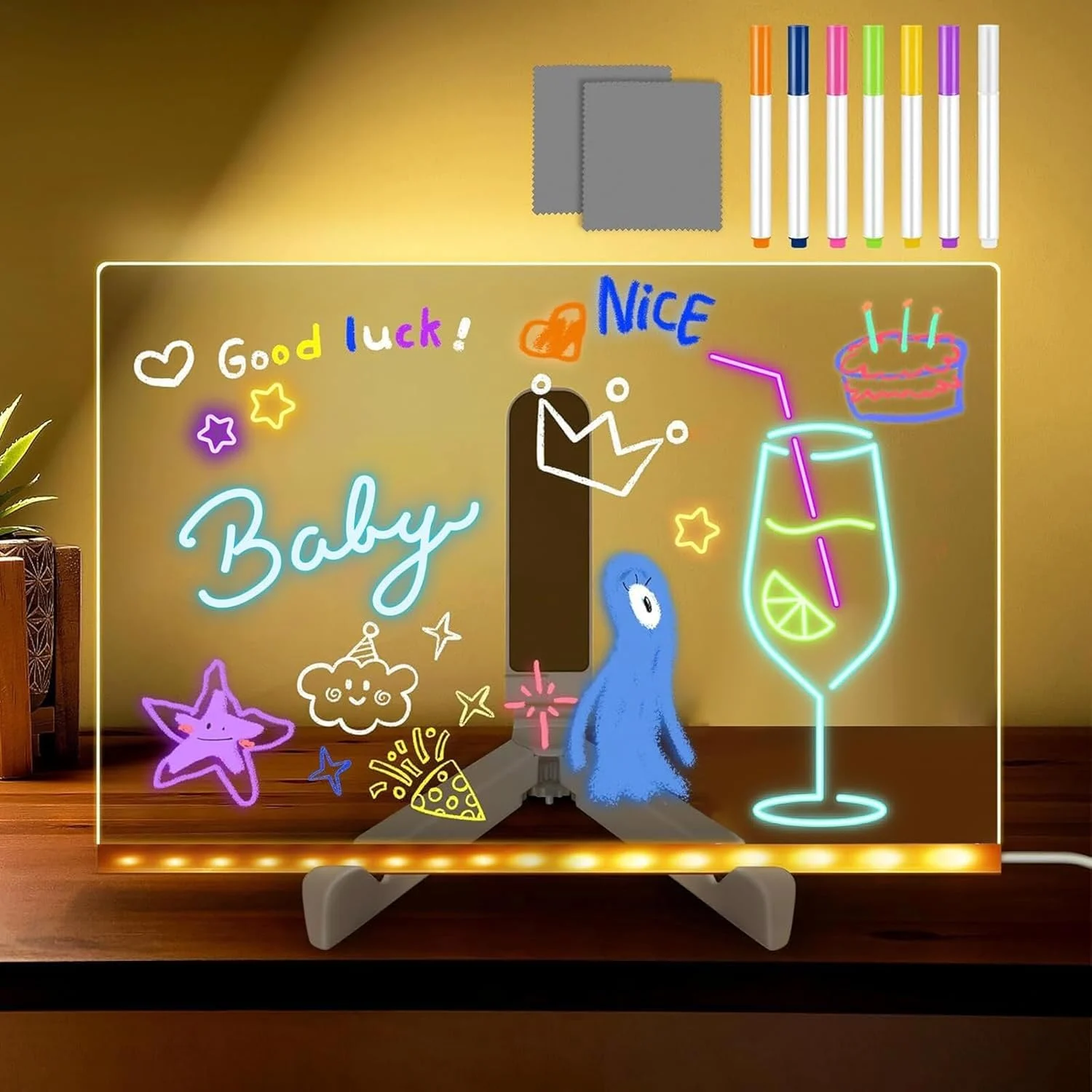 Tablă de notițe LED 30×20 cm, tabletă desen reutilizabilă cu 7 pixuri colorate, suport inclus, pentr - imagine 4