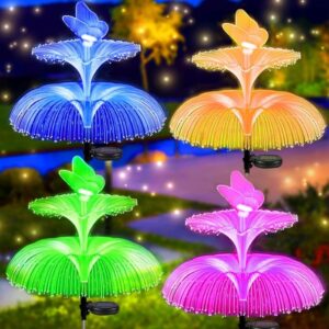 Lampă Solară LED cu Fibră Optică, 85cm Model Floare cu Fluture, Iluminare Multicoloră, Rezistentă la Apă, Panou Solar Int