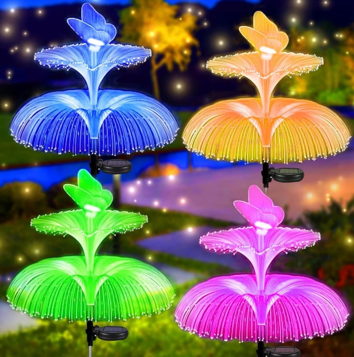 Lampă Solară LED cu Fibră Optică, 85cm Model Floare cu Fluture, Iluminare Multicoloră, Rezistentă la Apă, Panou Solar Int