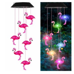 Lampa Solara LED 63cm cu Clopotel de Vant, Model cu 8 Flamingo Roz, Iluminare Multicoloră, Panou Solar si Agățătoare Inclusă