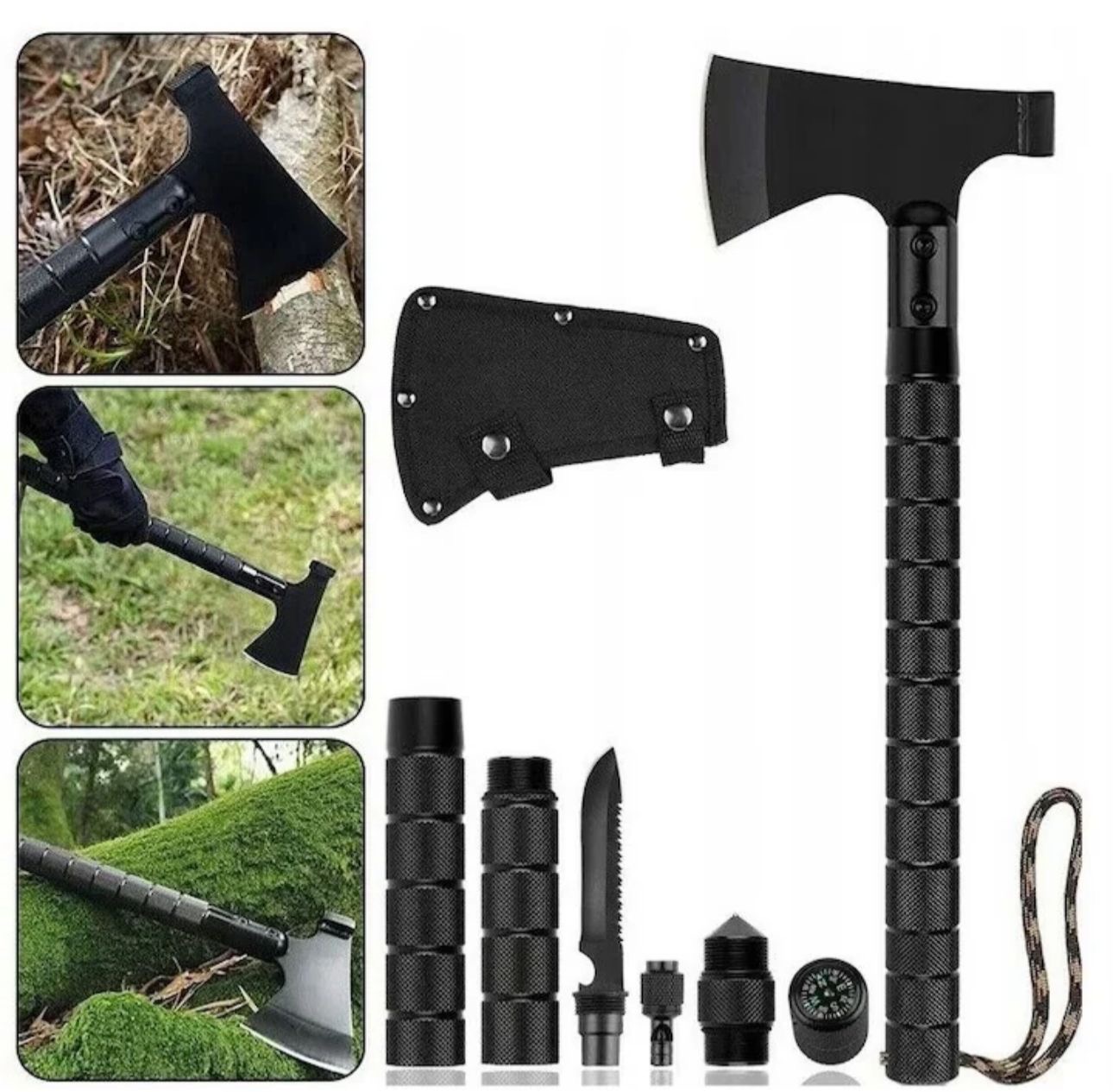 Topor multifuncțional 6 în 1, 43.5 cm, cu amnar, fluier, cuțit, busolă și spargător de sticlă, oțel inoxidabil 420, mâner aluminiu, teacă inclusă - imagine 3