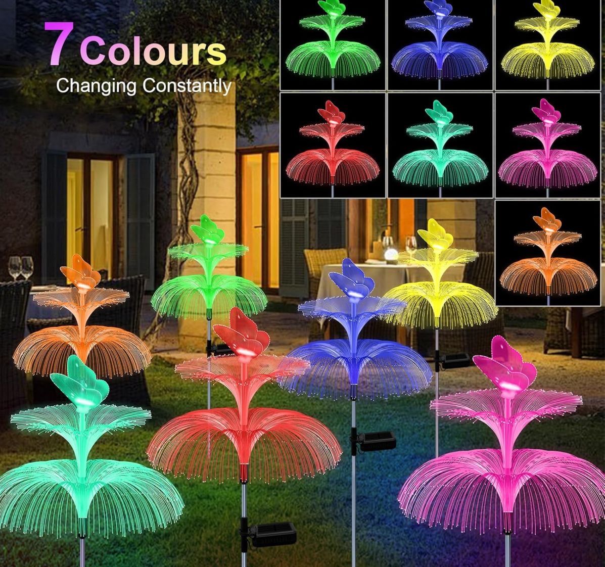 Lampă Solară LED cu Fibră Optică, 85cm Model Floare cu Fluture, Iluminare Multicoloră, Rezistentă la Apă, Panou Solar Int - imagine 3