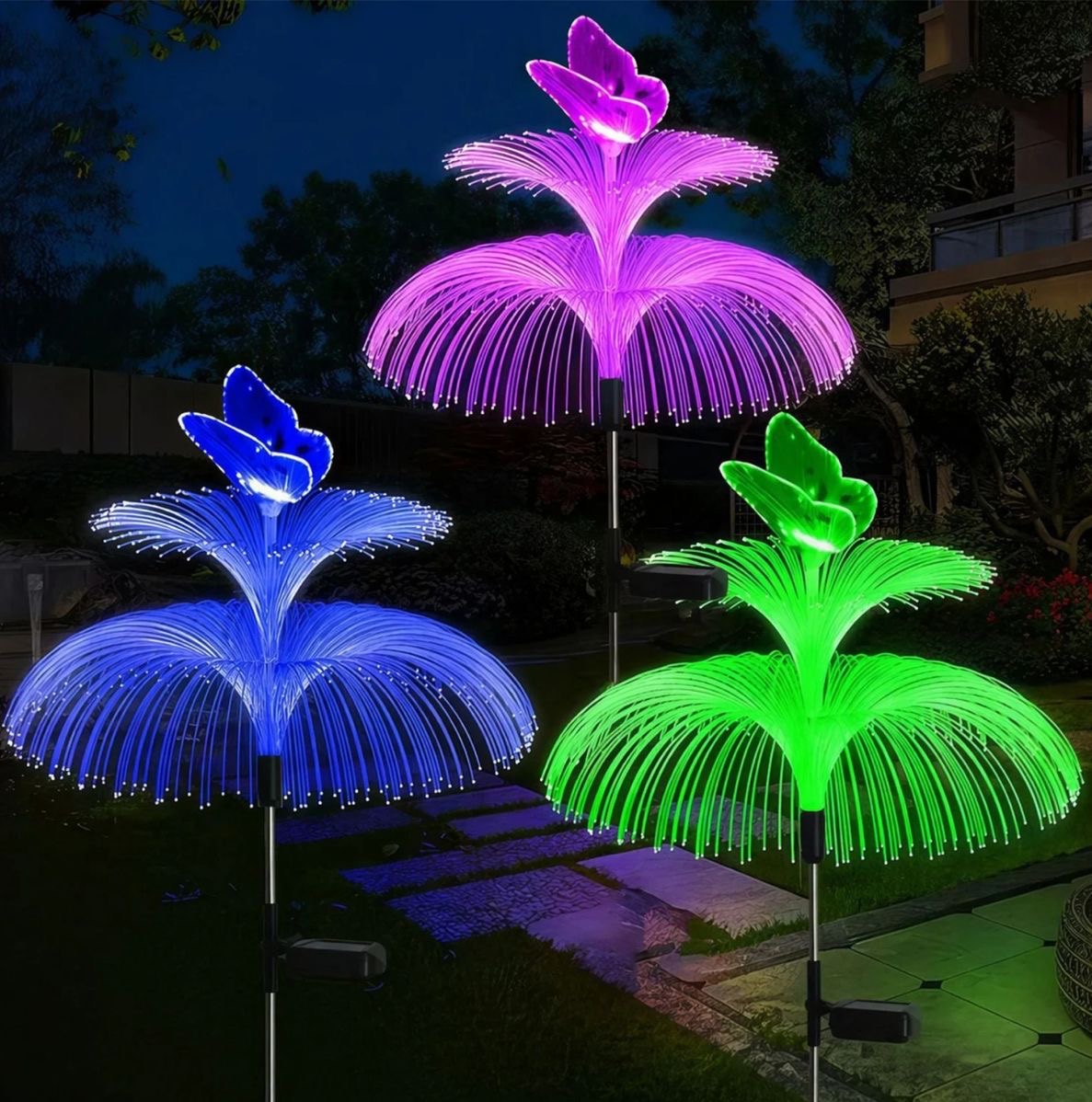 Lampă Solară LED cu Fibră Optică, 85cm Model Floare cu Fluture, Iluminare Multicoloră, Rezistentă la Apă, Panou Solar Int - imagine 2