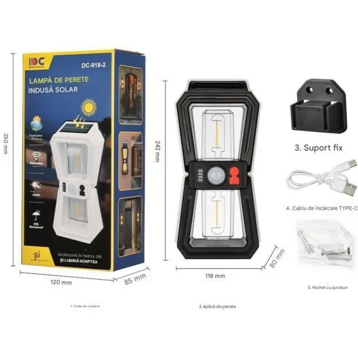Lampă solară de perete 18W, 3 moduri de iluminare, senzor de mișcare integrat, dimensiune 24 cm, pen - imagine 3