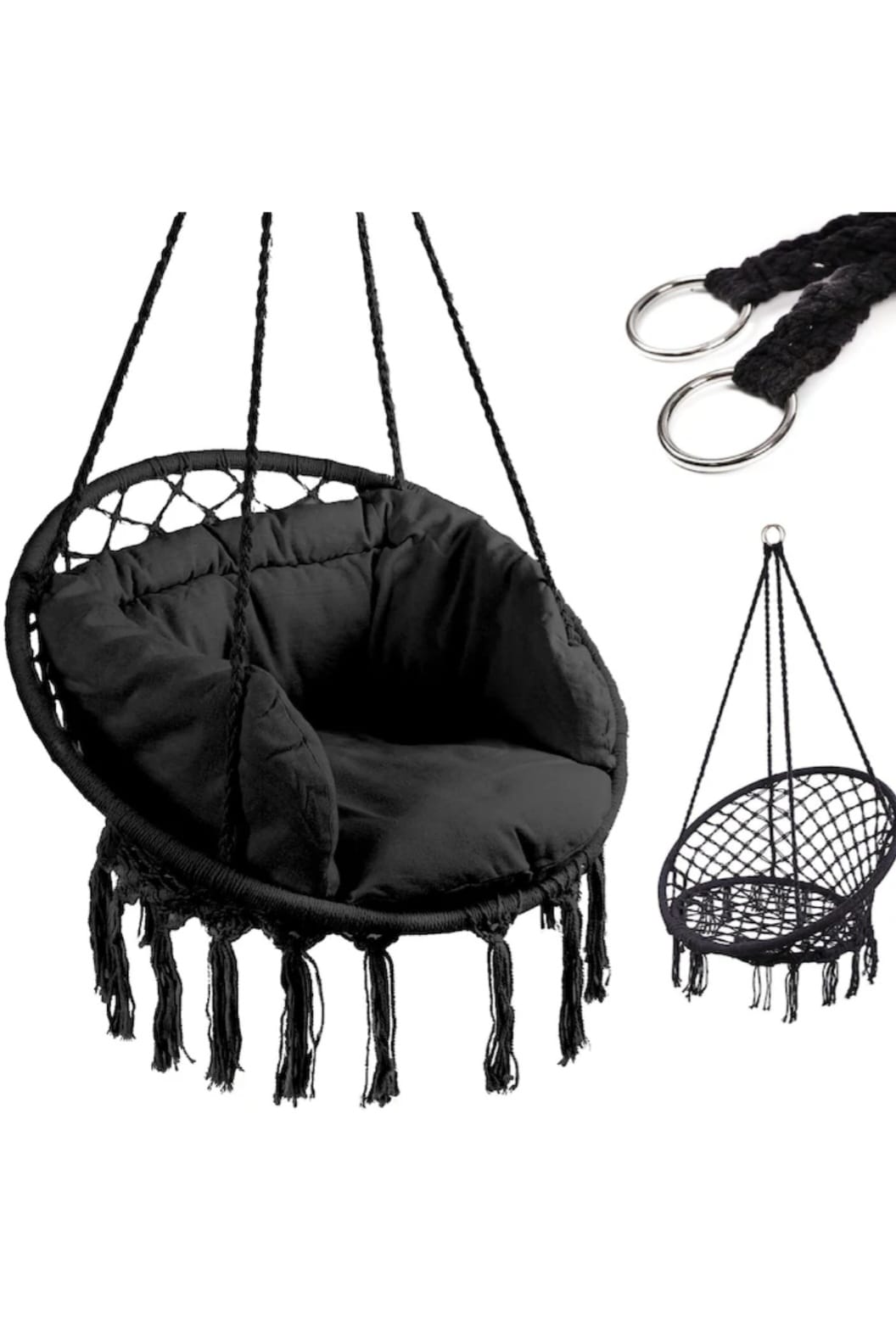 Leagăn suspendat tip balansoar cu pernă, diametru 80 cm, cadru metalic, sarcină maximă 150 kg, frâng