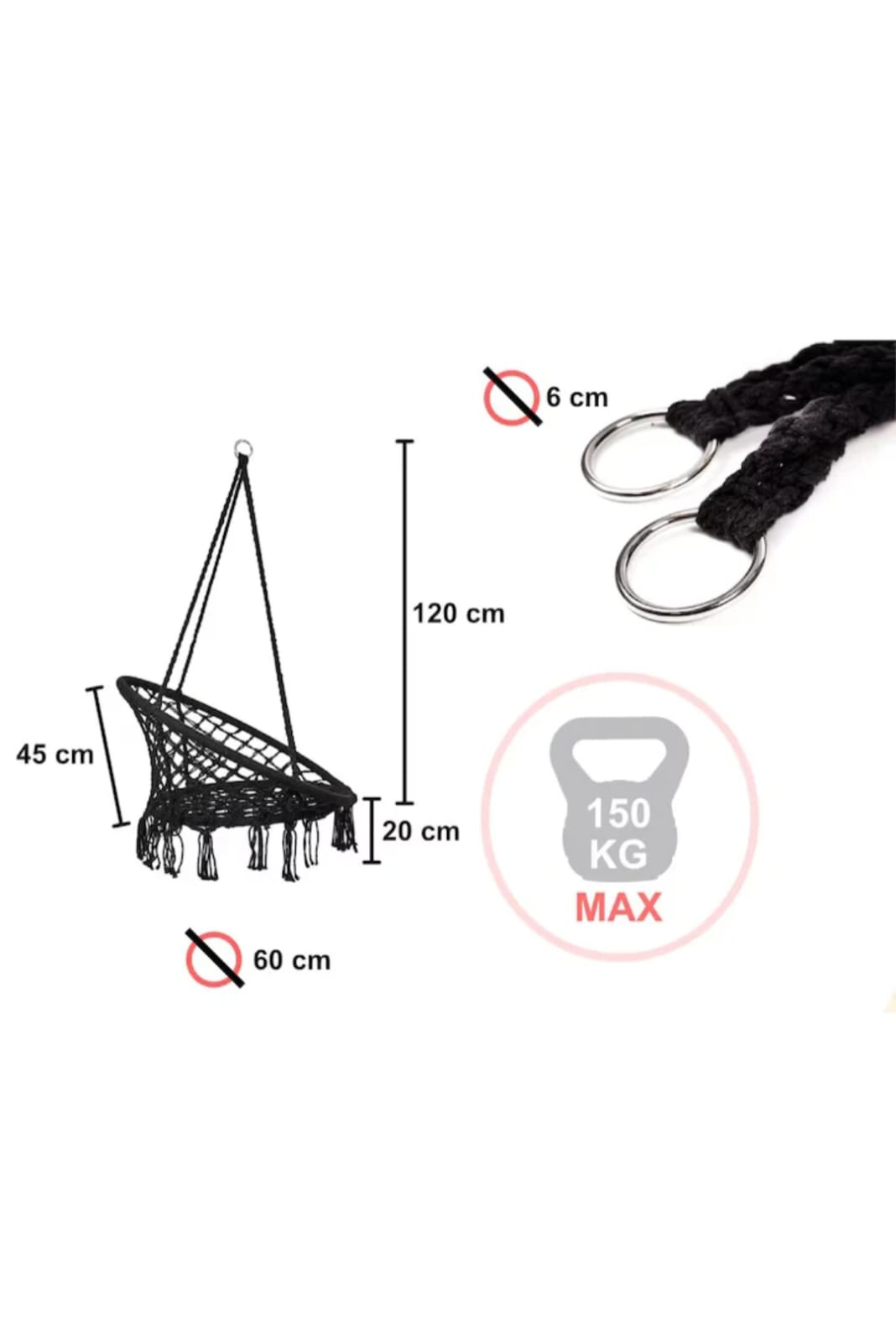Leagăn suspendat tip balansoar cu pernă, diametru 80 cm, cadru metalic, sarcină maximă 150 kg, frâng - imagine 2