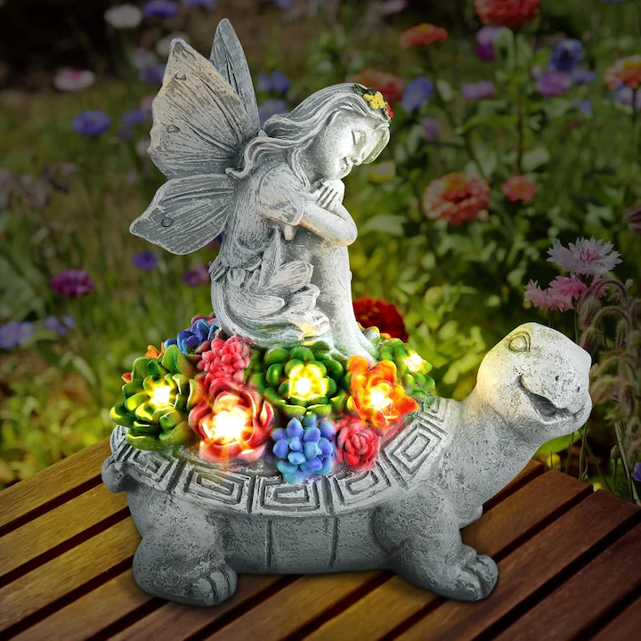 Decorațiune solară pentru grădină, figurină cu zână și broască țestoasă, din rășină, iluminare LED a - imagine 2
