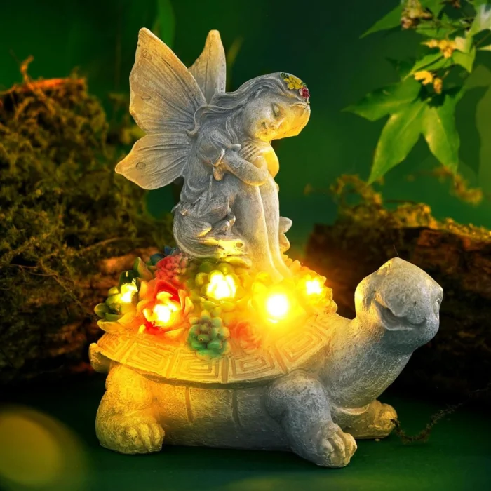 Decorațiune solară pentru grădină, figurină cu zână și broască țestoasă, din rășină, iluminare LED a - imagine 3