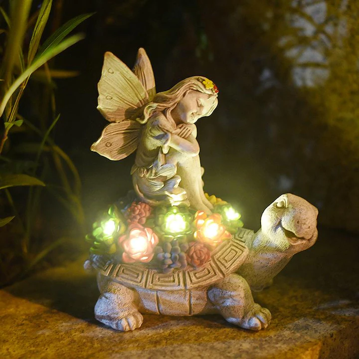 Decorațiune solară pentru grădină, figurină cu zână și broască țestoasă, din rășină, iluminare LED a - imagine 5