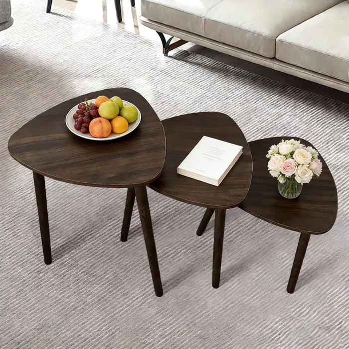 Set 3 Măsuțe de Cafea Triunghiulare, Stil Industrial, Mese Laterale Moderne cu Cadru Metalic, Design